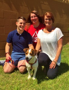 Run To The Rescue 5K Planning Team. David Westberry, Laura Livingston, and Leigh Bradberry with shelter dog "Hattie"